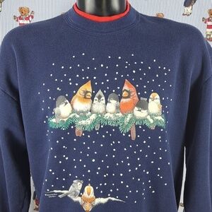 Vintage Morning Sun birds nest Holiday Christmas XL navy blue & red sweatshirt